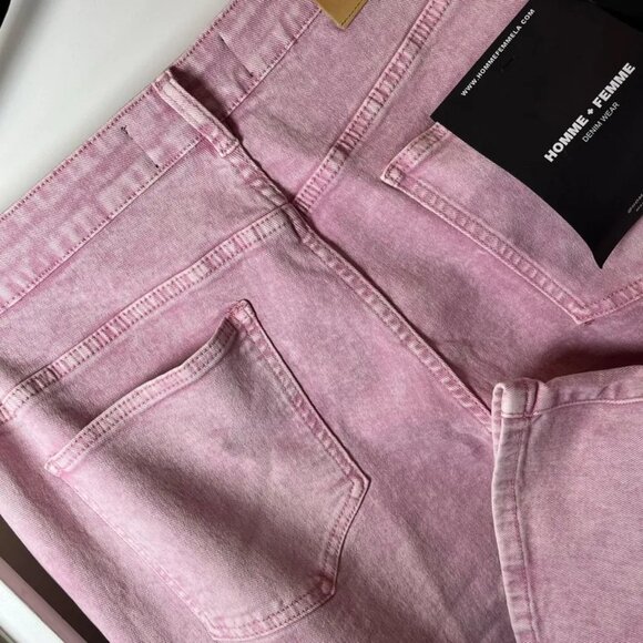 HOMME + FEMME LA  distressed flare cargo jeans w/straps washed LIGHT PINK - Picture 6 of 9